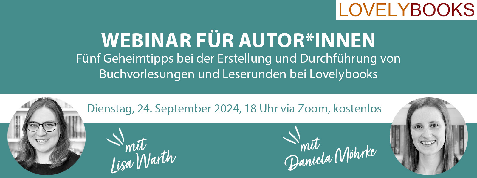 Ankündigung Webinar mit Lovelybooks mit Abbildung der Sprecherinnen